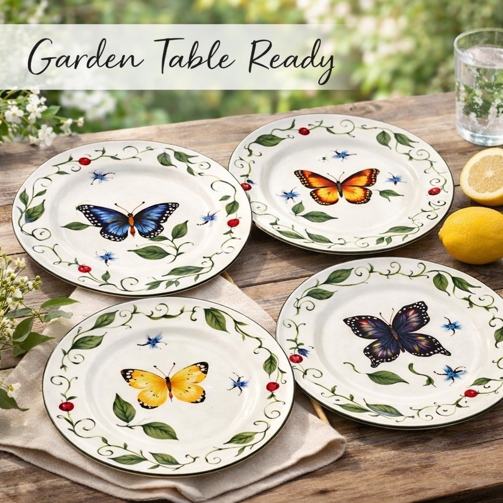 Tabletops Unlimited Butterfly Dinner Plates Set of 4 Colorful Garden 10.5 Inch